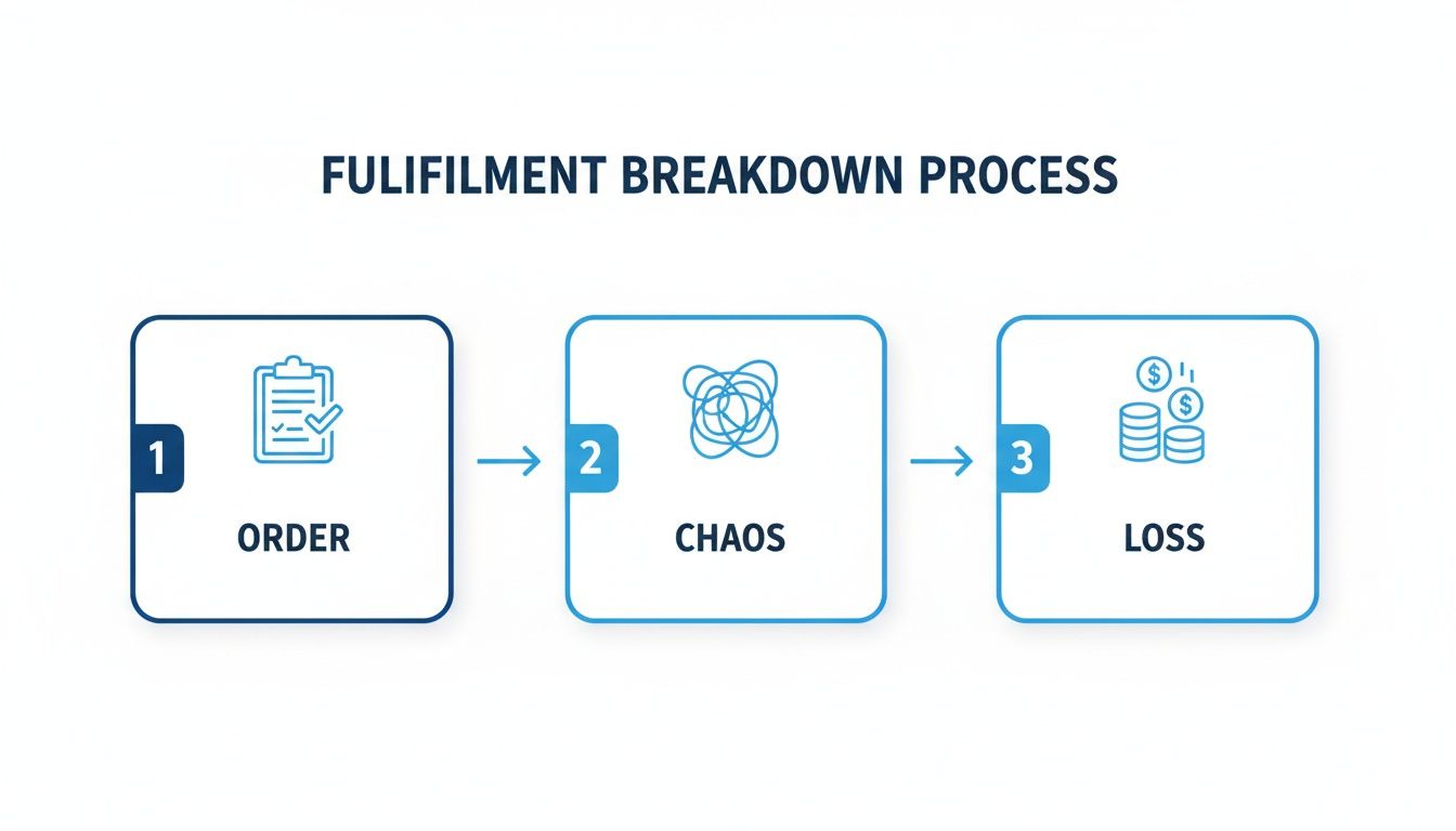 A flowchart illustrates the fulfillment breakdown process, showing steps from order to chaos and eventual loss.
