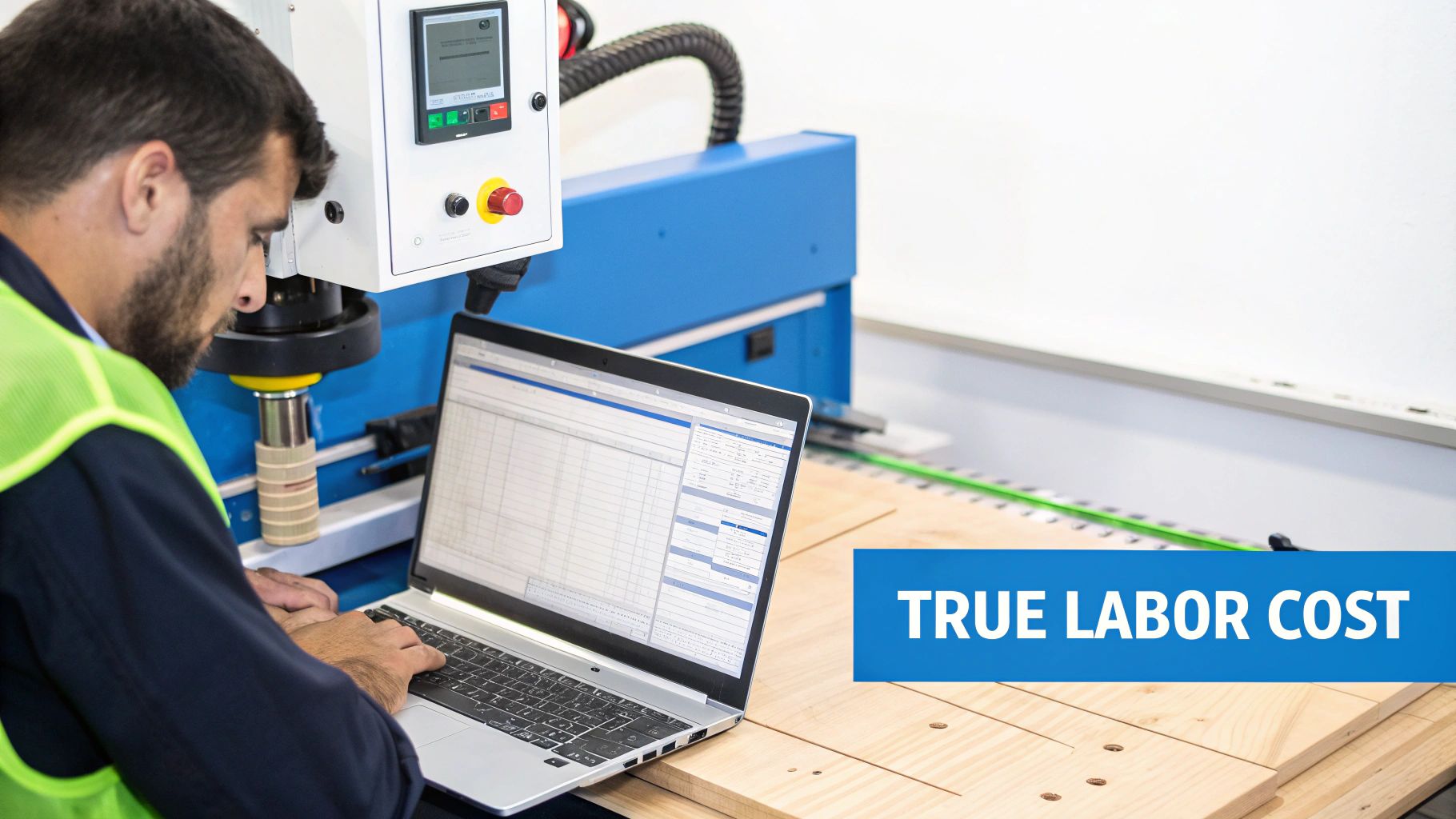Man in safety vest uses laptop to manage an industrial machine in a factory, calculating true labor cost.