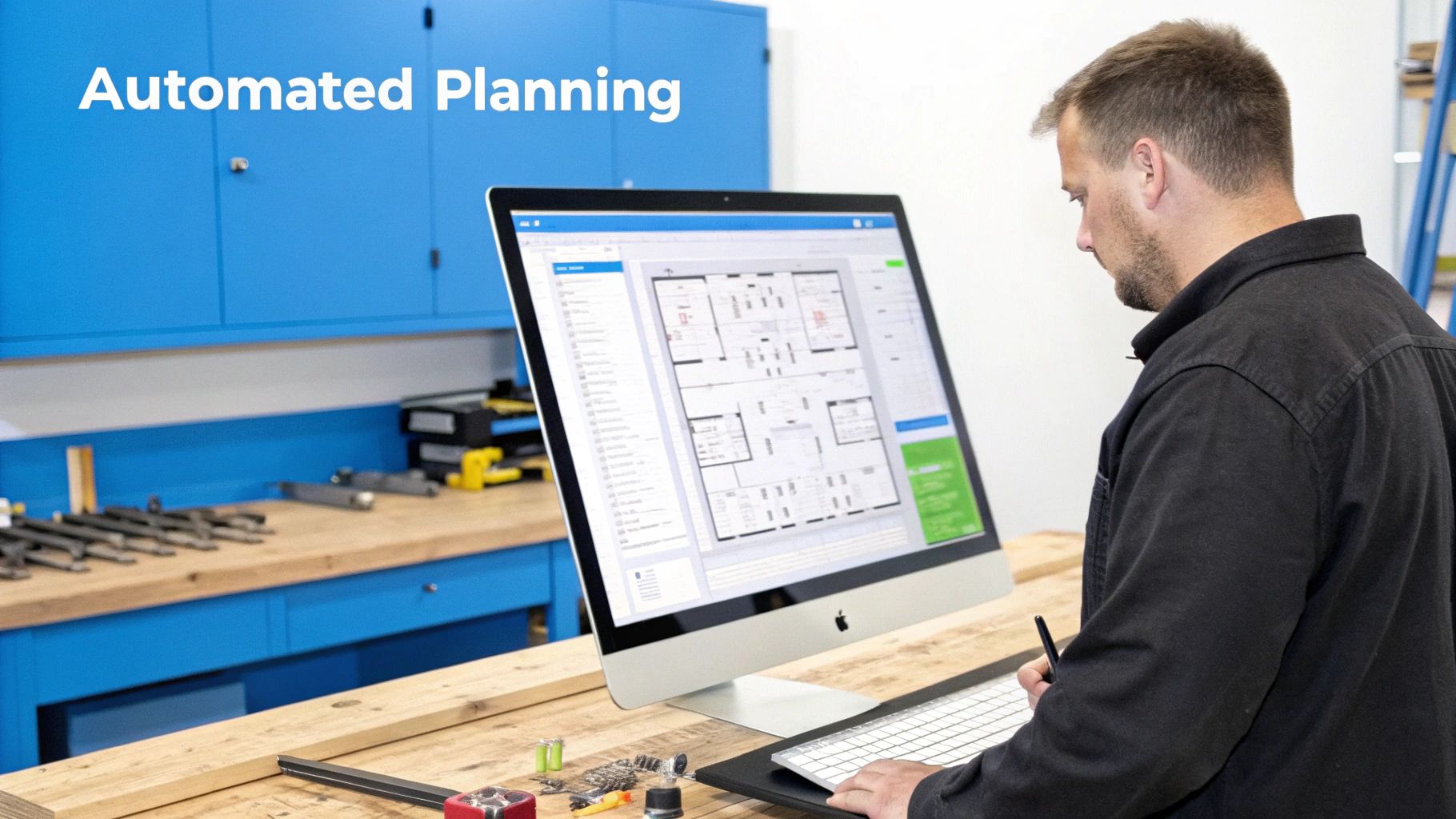 A man uses a computer to work on architectural plans, demonstrating automated planning.