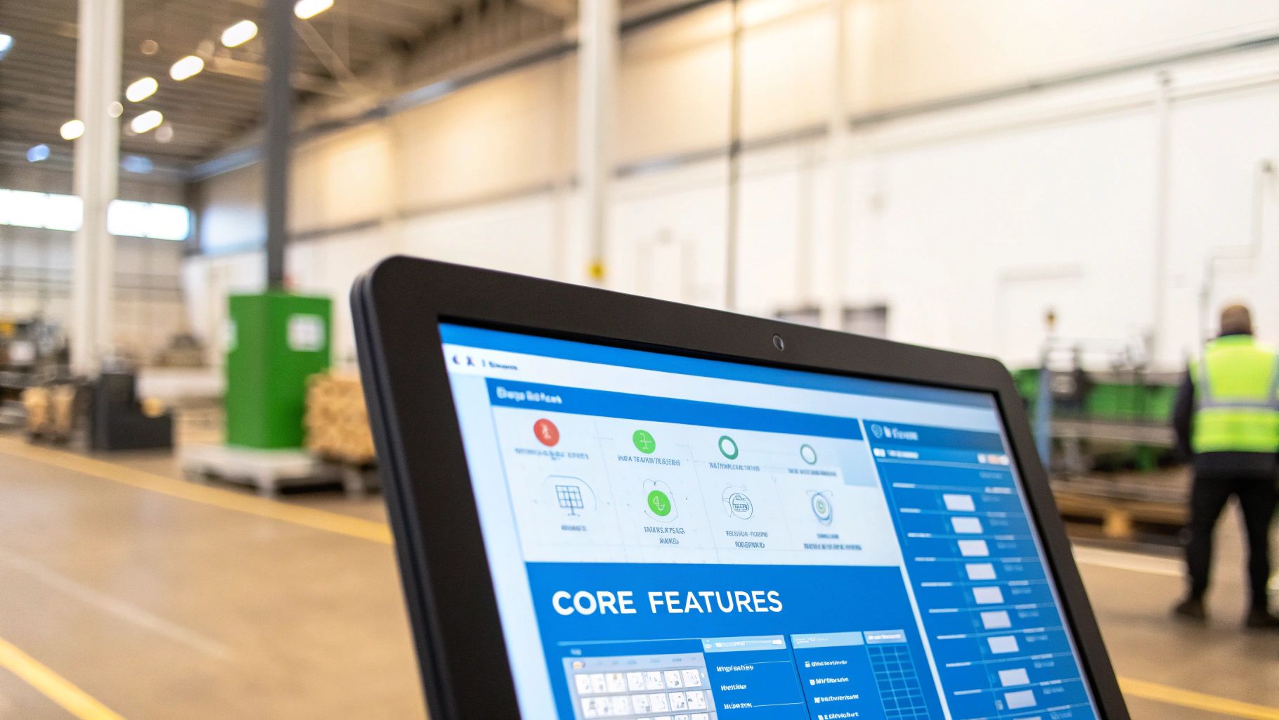 Workers on a factory floor using tablets to interact with a centralized manufacturing order management software dashboard.