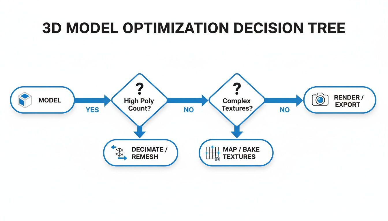Flowchart illustrating the 3D model optimization decision tree, guiding steps for poly count and texture management.