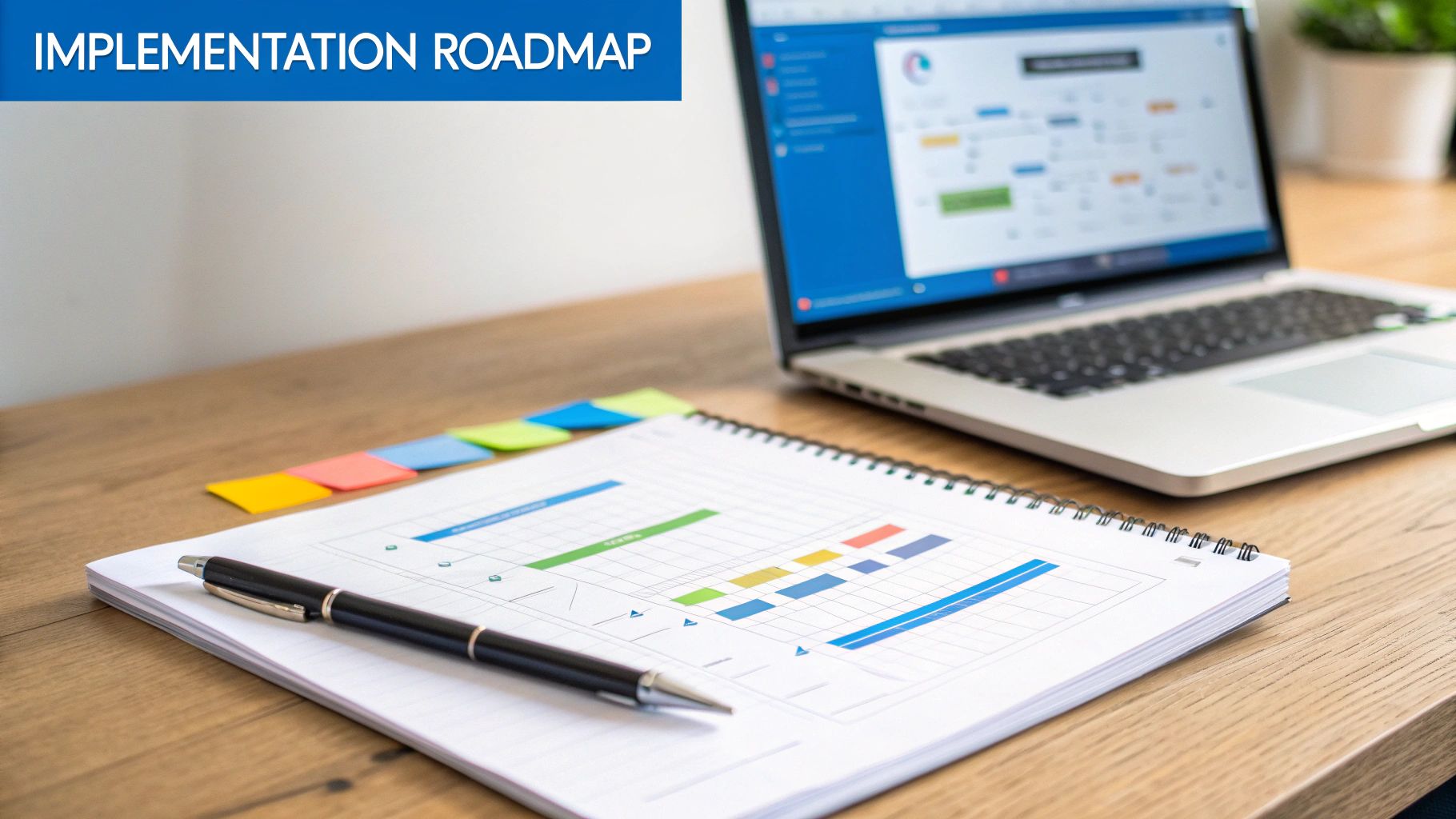 A person at a desk drawing a roadmap for a business project.