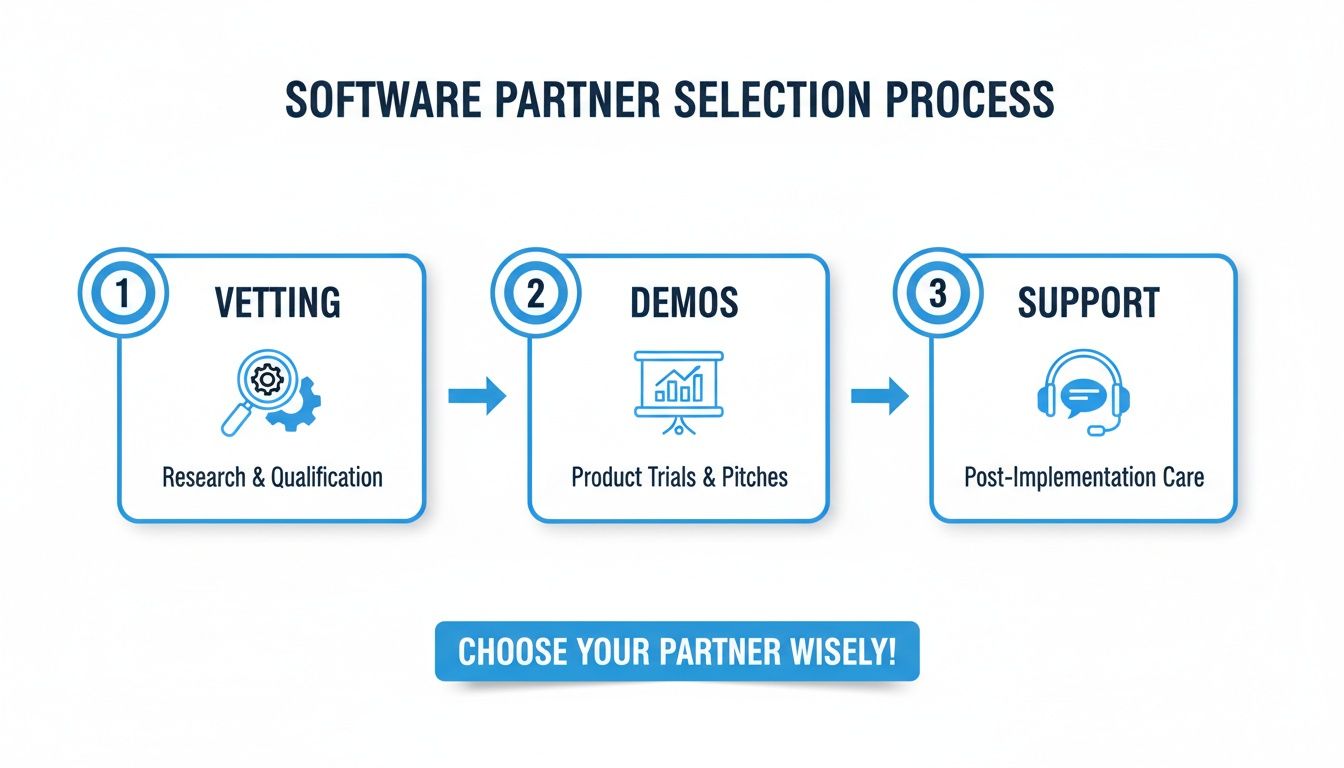 Infographic illustrating a three-step software partner selection process: vetting, demos, and support.