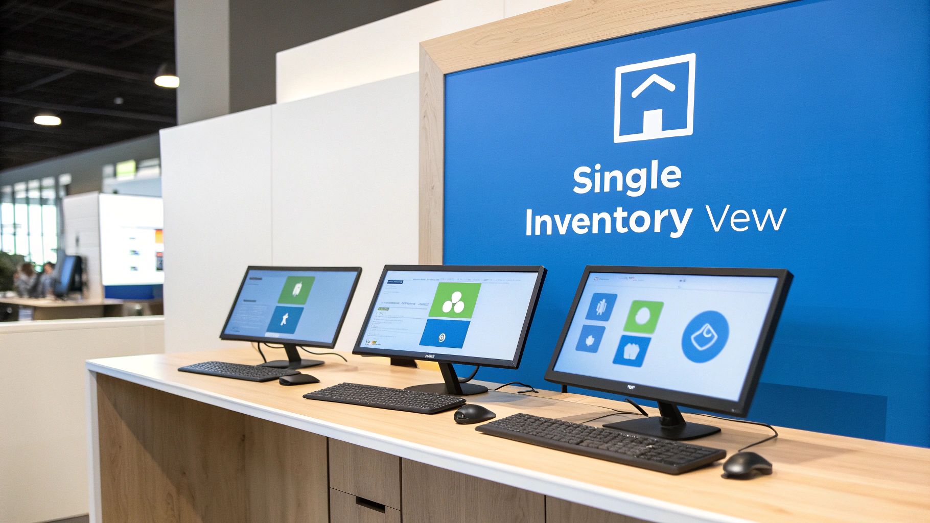 A warehouse manager using a tablet to track boxes on shelves, illustrating digital inventory control.