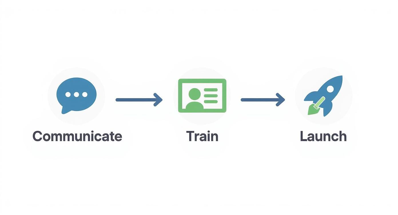 Three-step process workflow showing communicate, train, and launch phases with speech bubble, ID card, and rocket icons