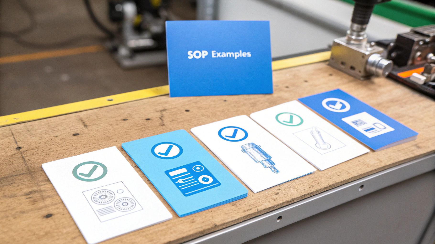 Manufacturing standard operating procedure examples displayed as cards on wooden workbench with checkmarks