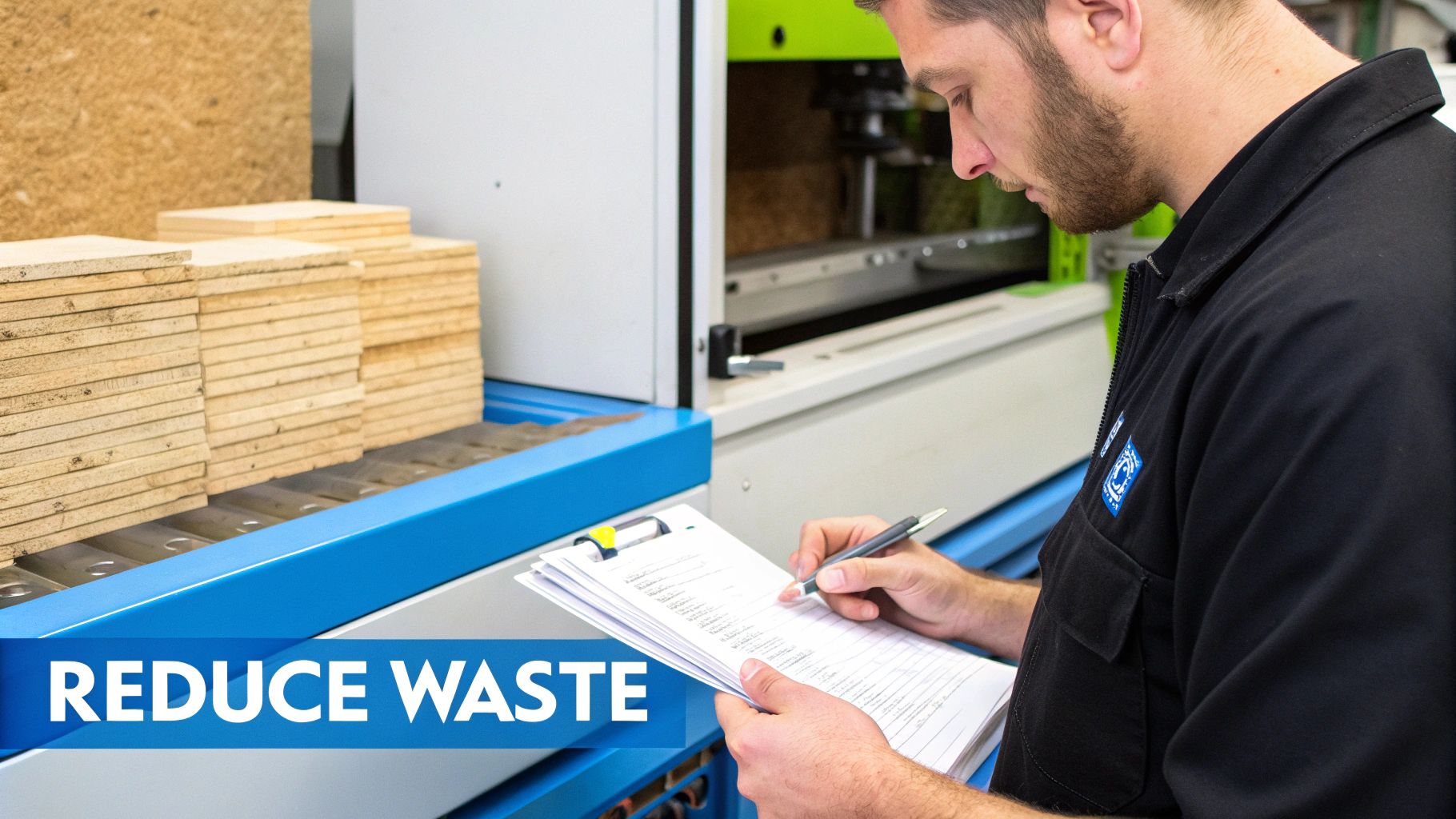 A man in a workshop checks a clipboard, optimizing processes to reduce manufacturing waste.