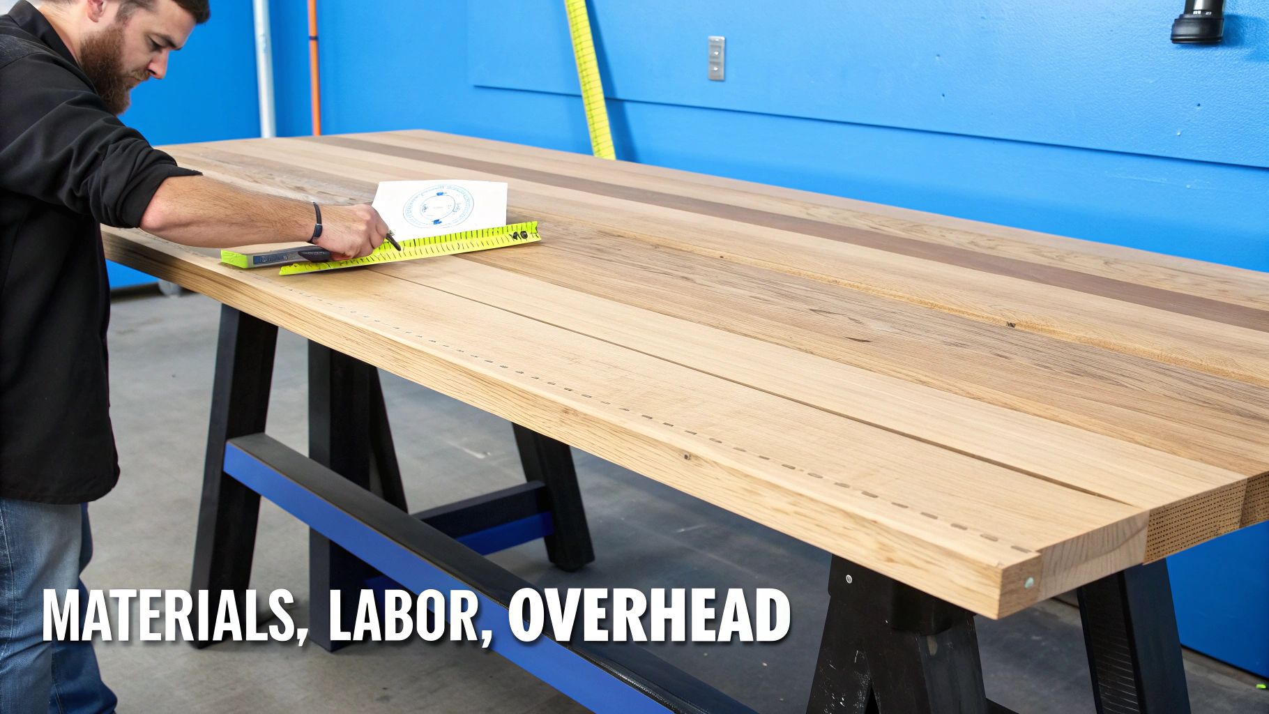 A craftsman measures and marks a wooden tabletop, representing materials, labor, and overhead costs.