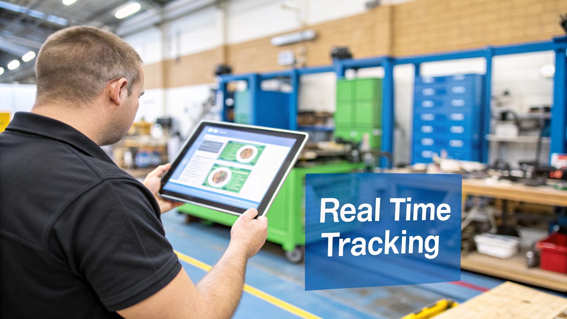 Worker using tablet for real-time tracking in modern manufacturing facility with industrial equipment