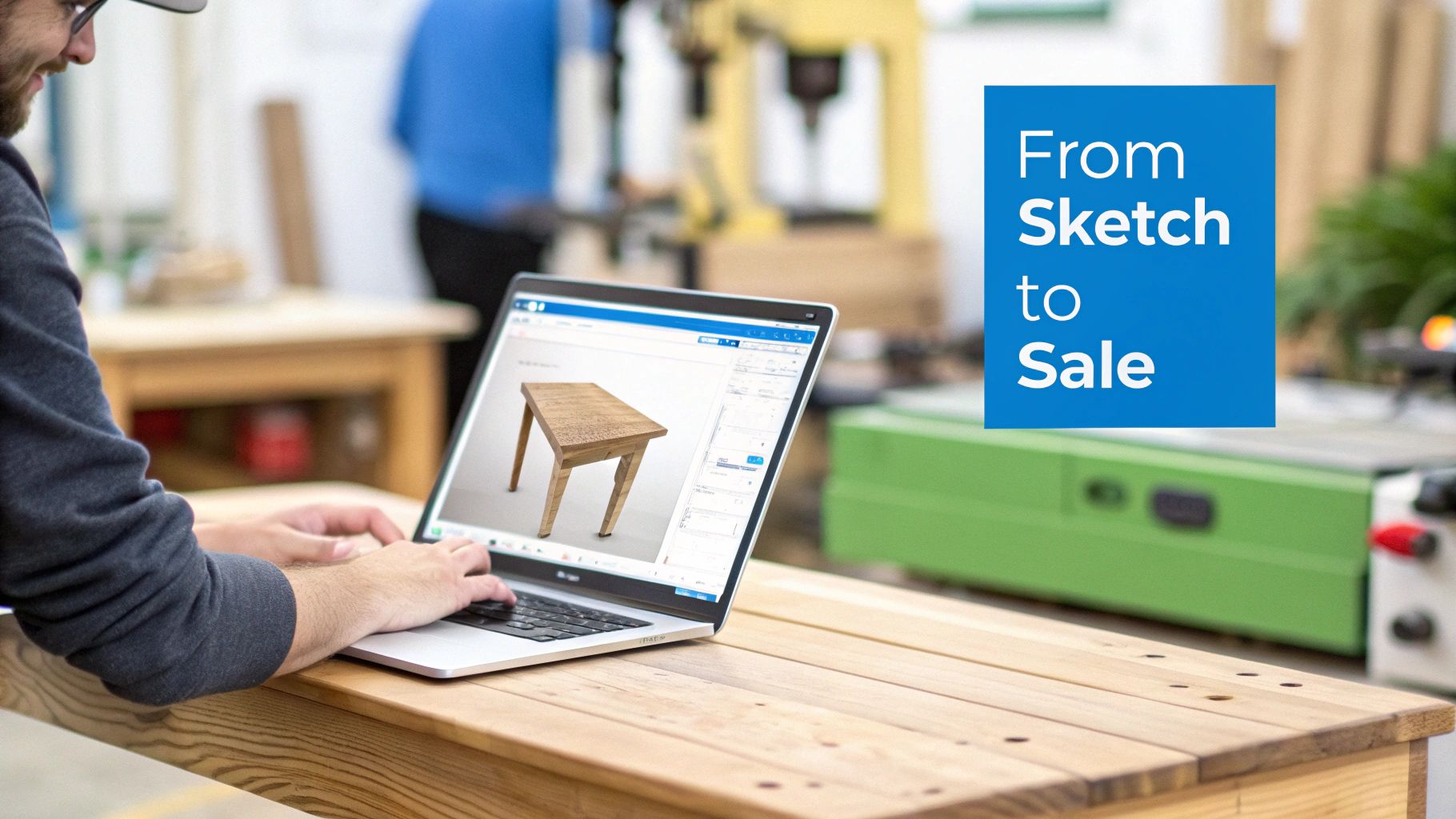 A man smiles while typing on a laptop displaying a 3D model of a wooden table in a workshop.