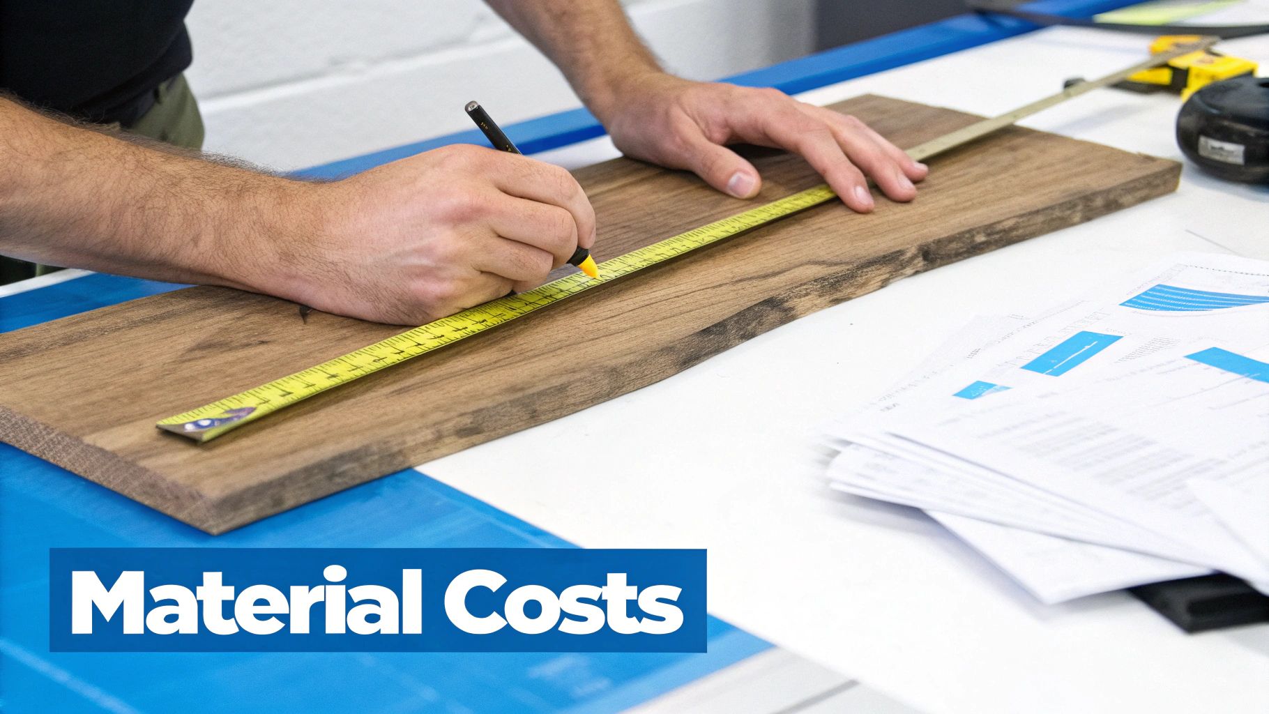 A person measures and marks a piece of wood with a tape measure and pencil, indicating material costs.
