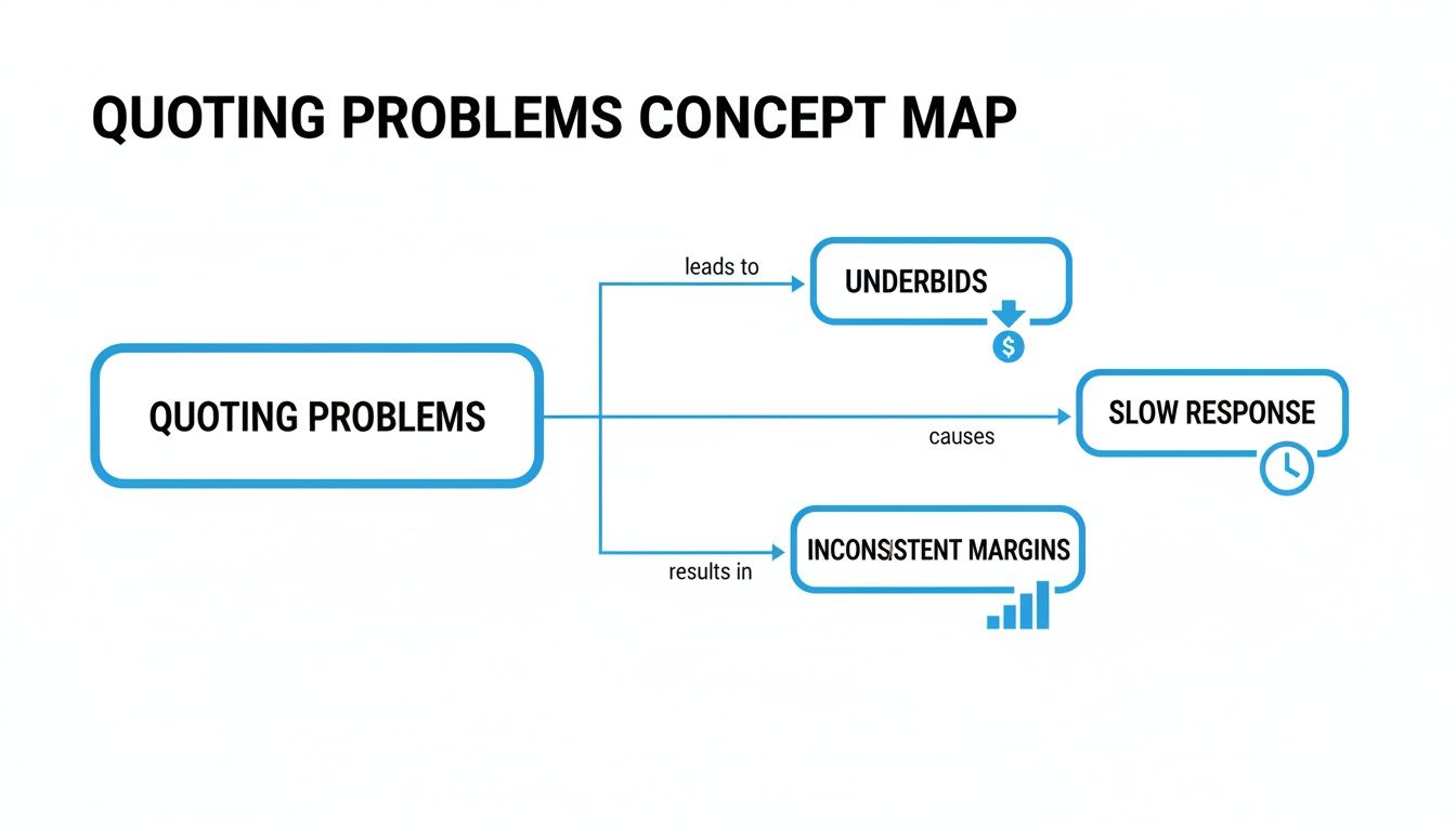 Concept map illustrating quoting problems leading to underbids, slow response, and inconsistent margins.