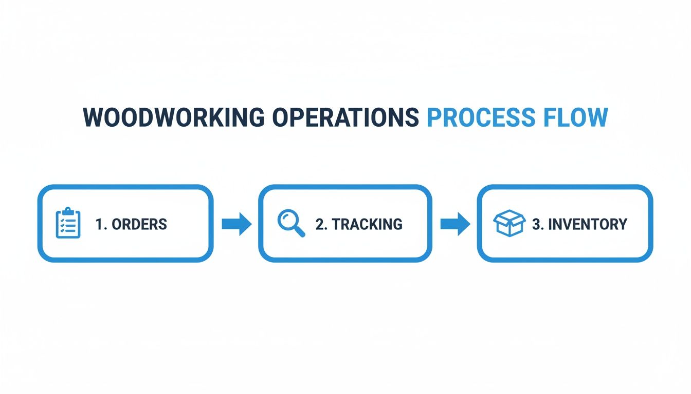 A flowchart illustrating the woodworking operations process: Orders, Tracking, and Inventory management.