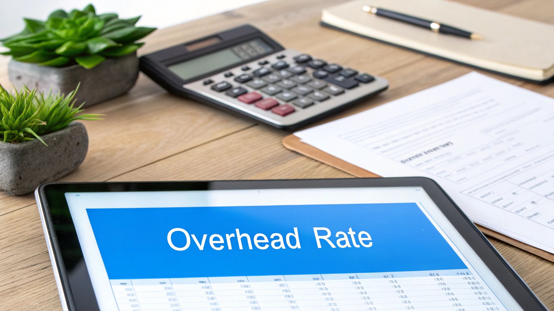 A close-up shot of a calculator and financial documents on a desk, representing the calculation of overhead costs.