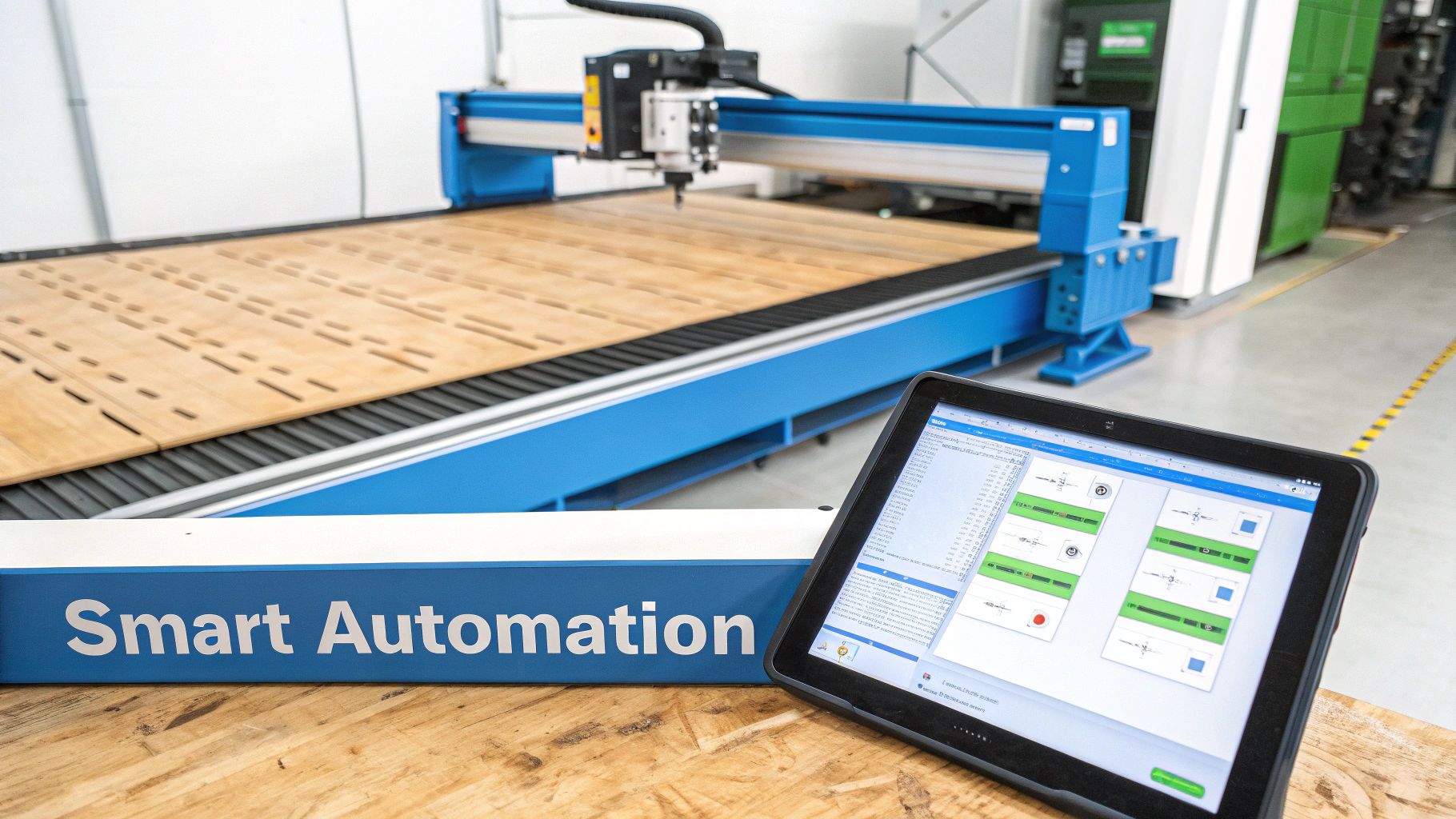 A large blue CNC machine processes a wooden board, controlled by a tablet displaying automation software.