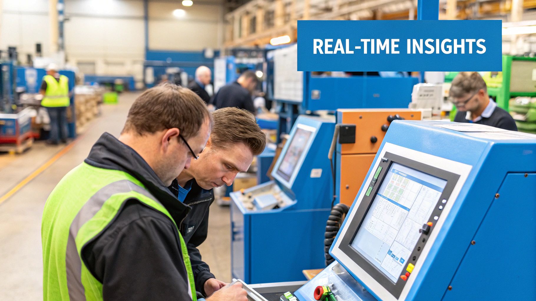 A manager reviewing real-time production data on a tablet in a modern workshop.