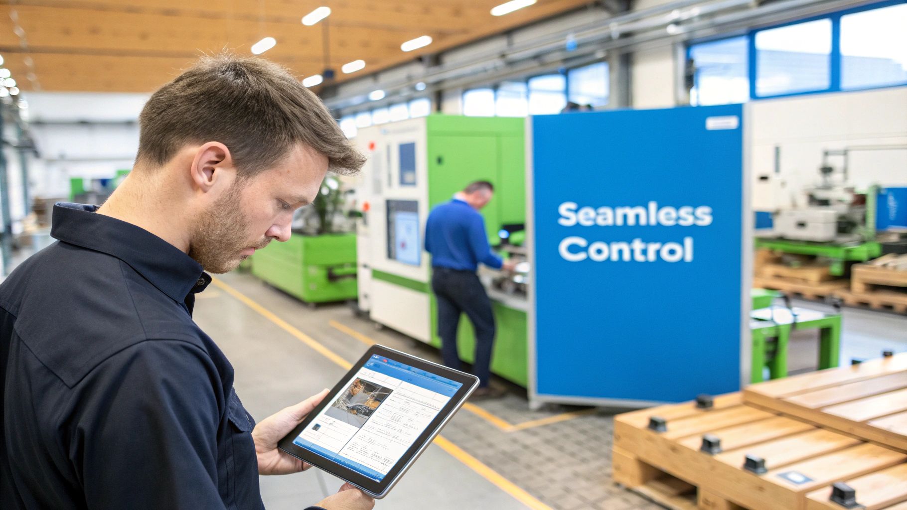 A man in a dark uniform uses a tablet in a modern factory setting with machinery and another worker.