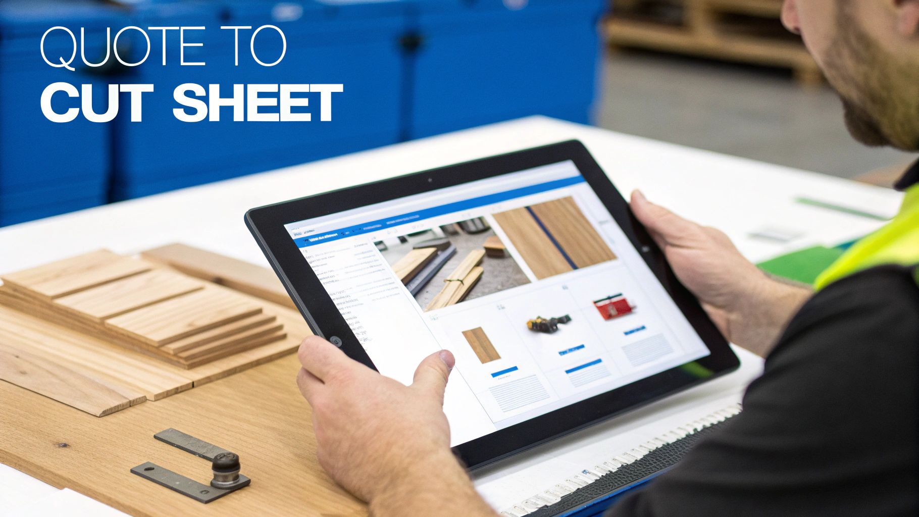 A person reviews wood product inventory on a tablet, with cut wood pieces and a hinge on the table.