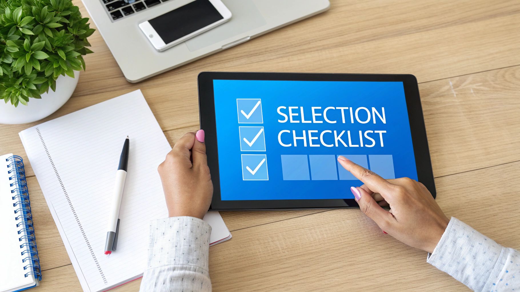 Overhead shot of a person using a tablet displaying a selection checklist on a wooden desk.