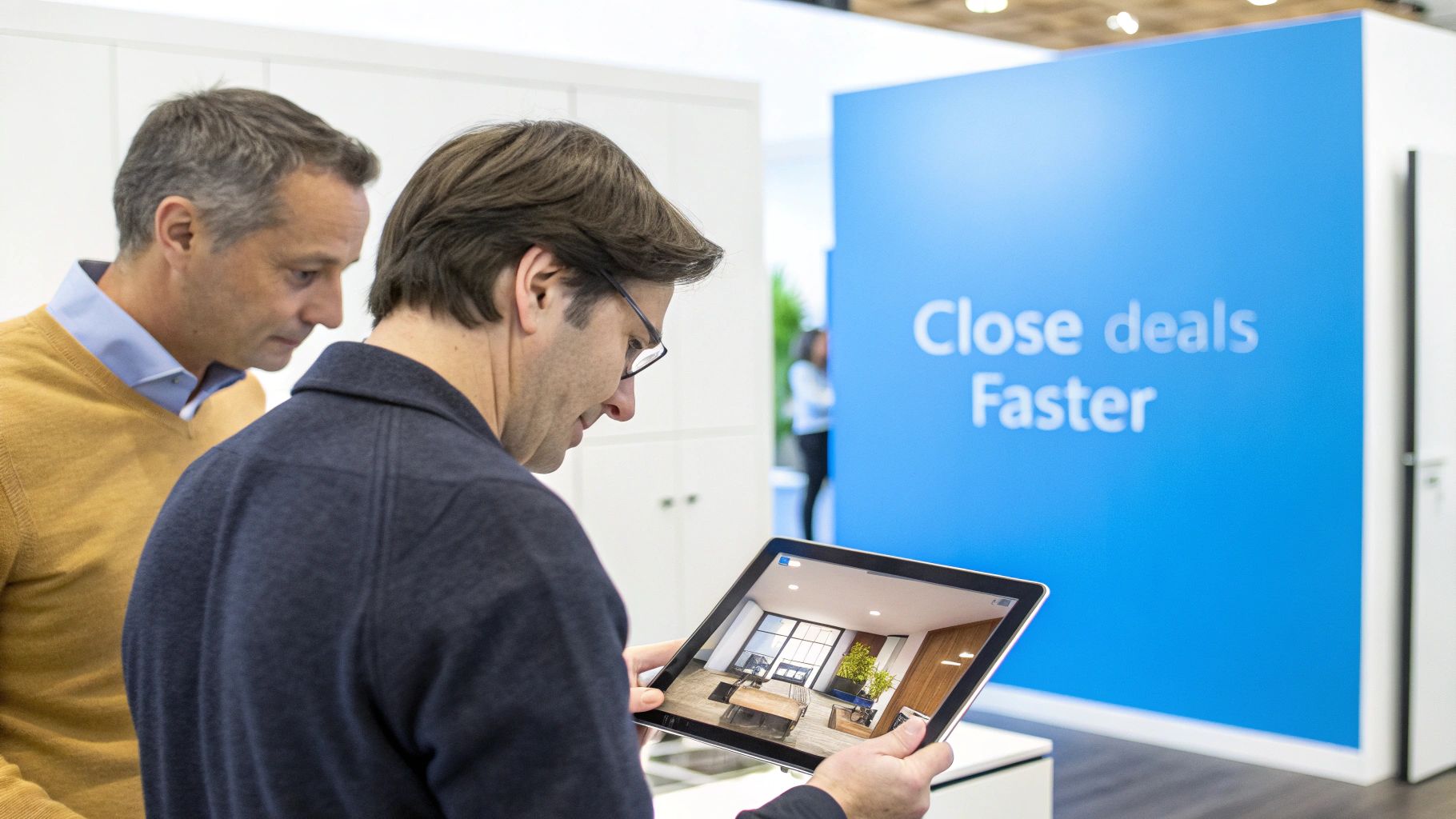 Two men viewing a digital 3D office visualization on a tablet with 'Close deals Faster' in the background.