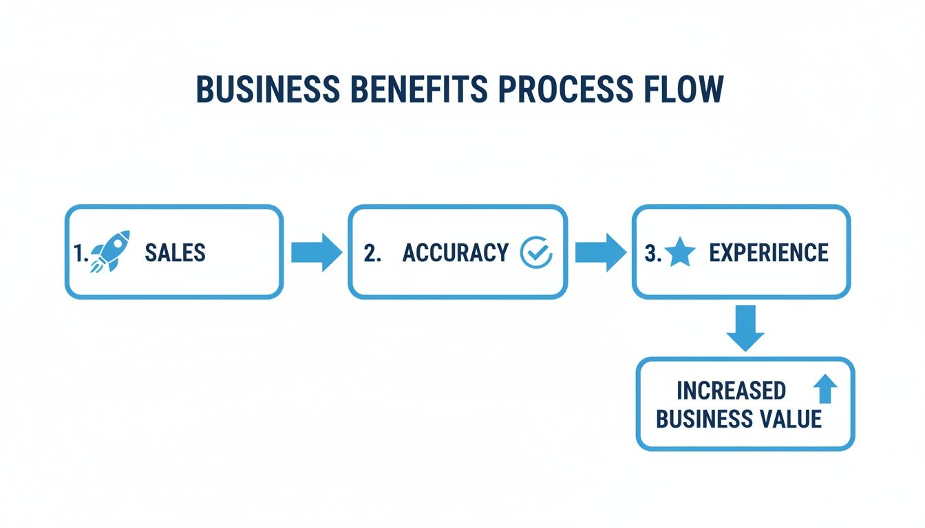 Flow chart showing business benefits process: Sales, Accuracy, Experience lead to Increased Business Value.