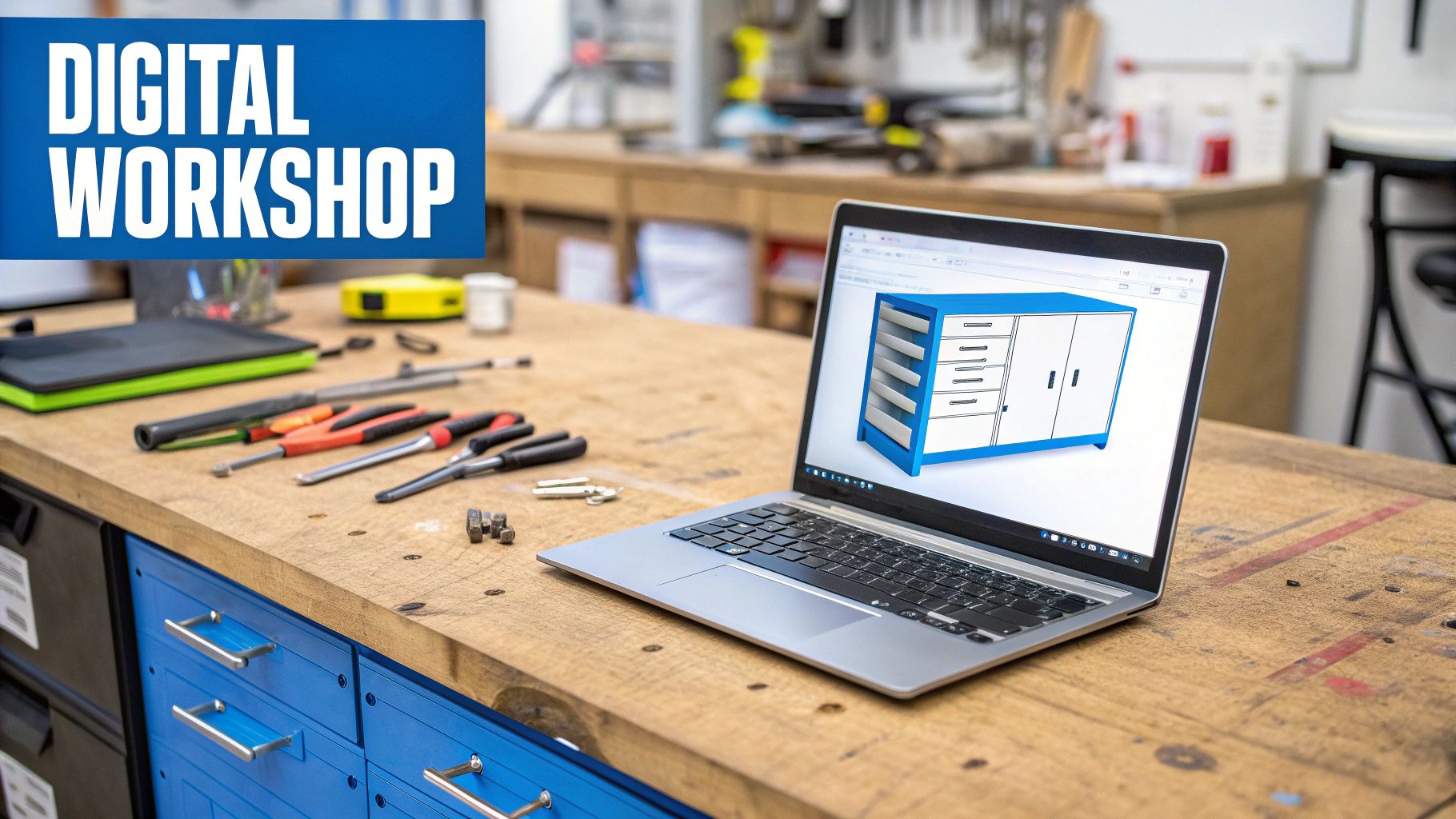 A modern cabinet-making workshop with a designer using software on a large screen, showing 3D cabinet models.