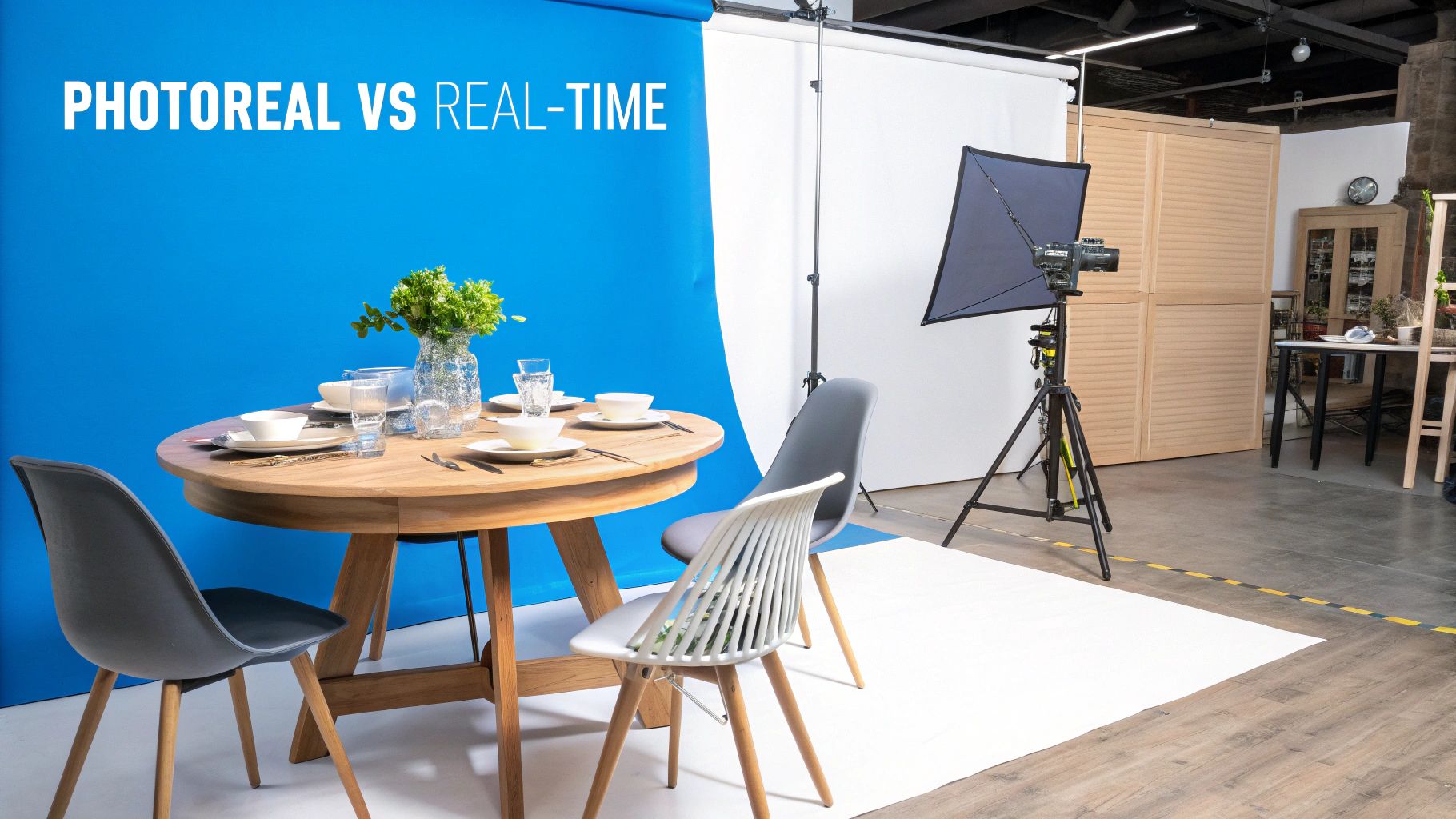A photo studio set up with a dining table, chairs, and camera equipment against a blue backdrop with text.