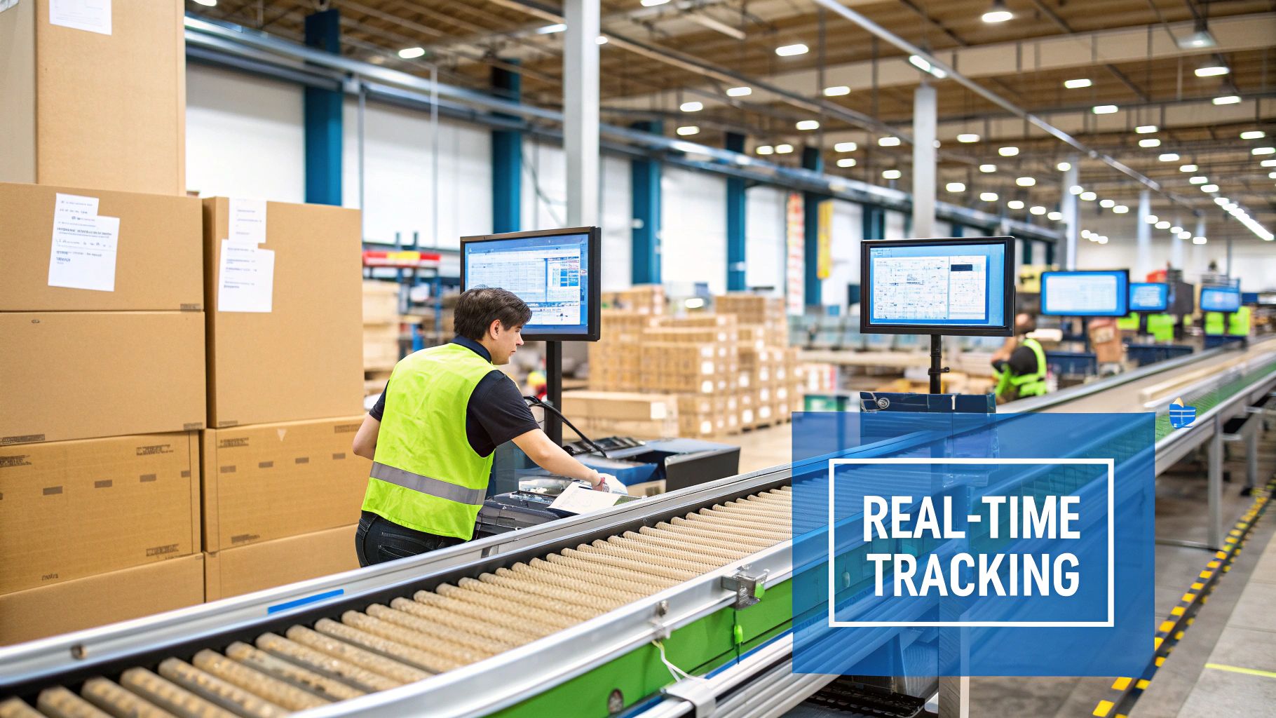 A warehouse manager using a tablet to track inventory in real-time, with digital overlays showing stock levels and locations.