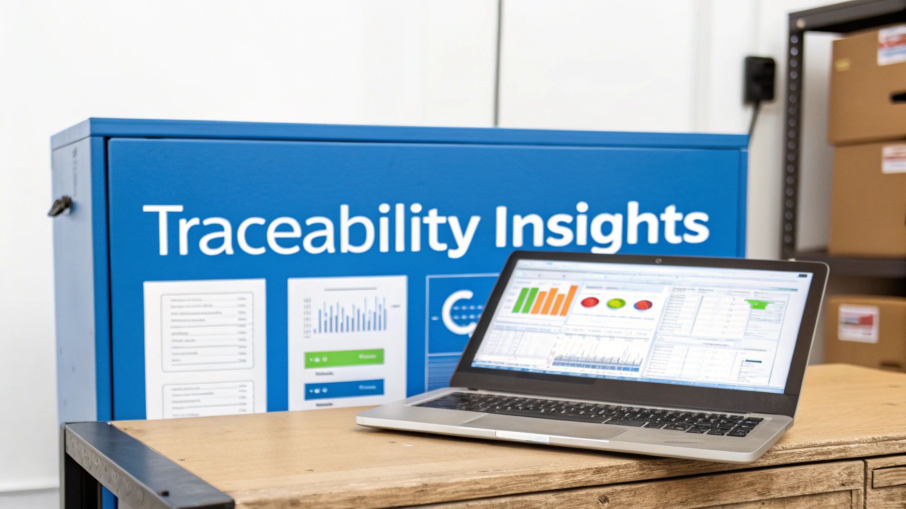 A laptop displaying data insights on a wooden table in front of a blue 'Traceability Insights' display.