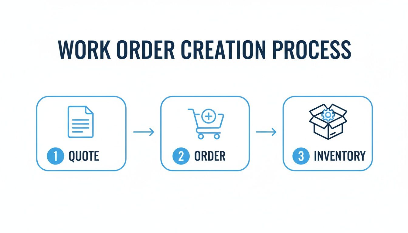 A three-step process diagram illustrating work order creation: quote, order, and inventory management.