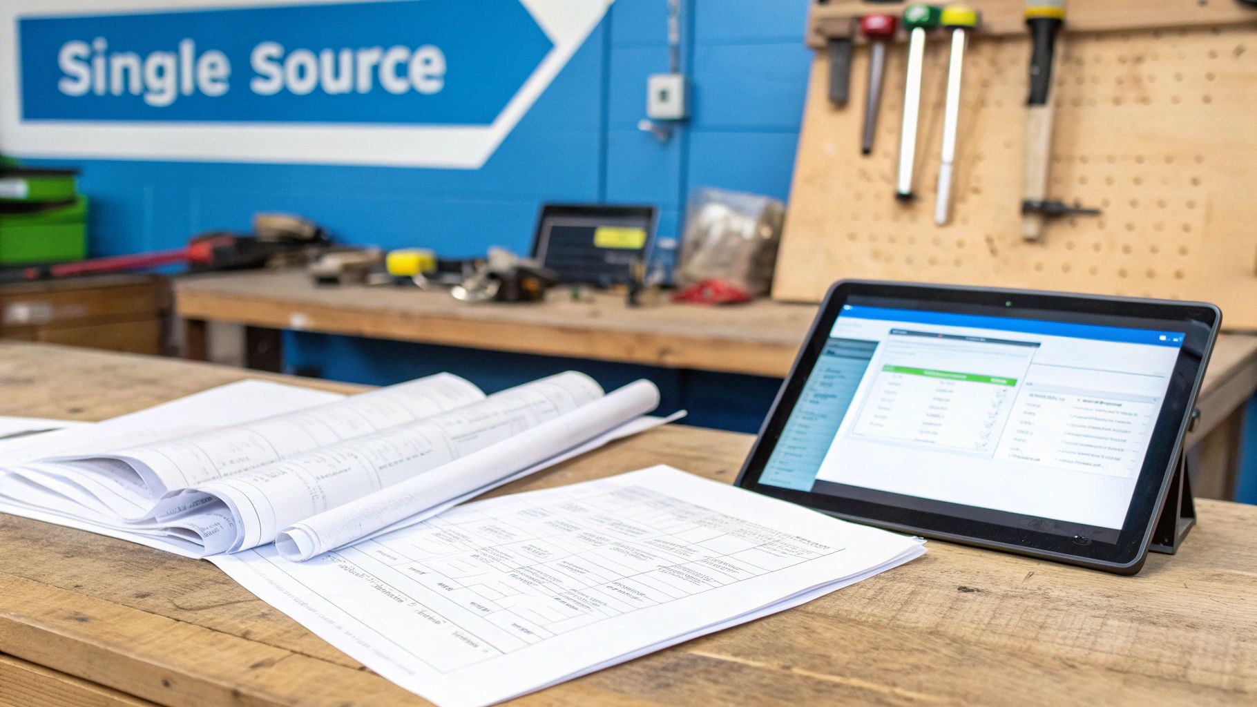 A tablet displaying manufacturing software and rolled blueprints on a wooden workbench in a workshop.