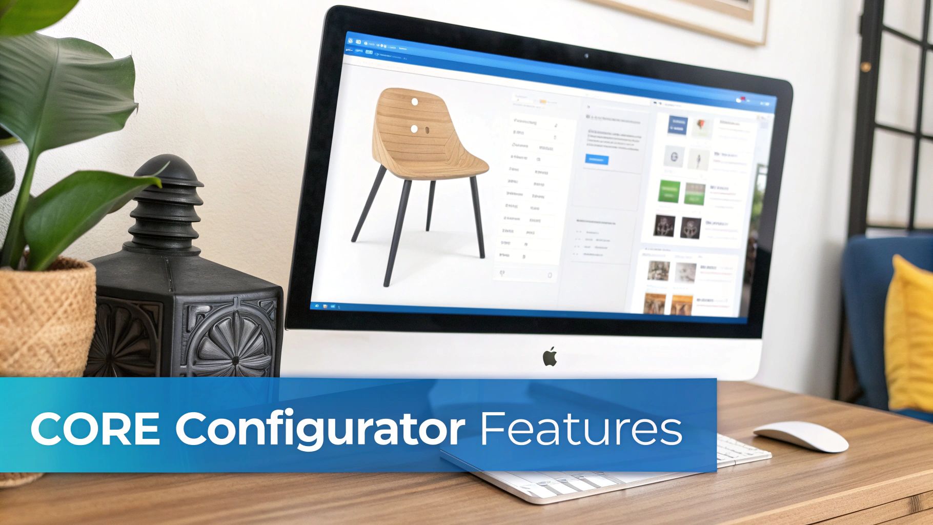 A computer screen displays a product configurator for a modern wooden chair on an office desk.