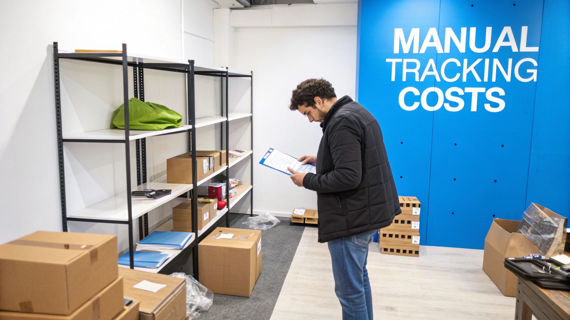 A person using a tablet to scan boxes in a small business warehouse, illustrating modern inventory management.