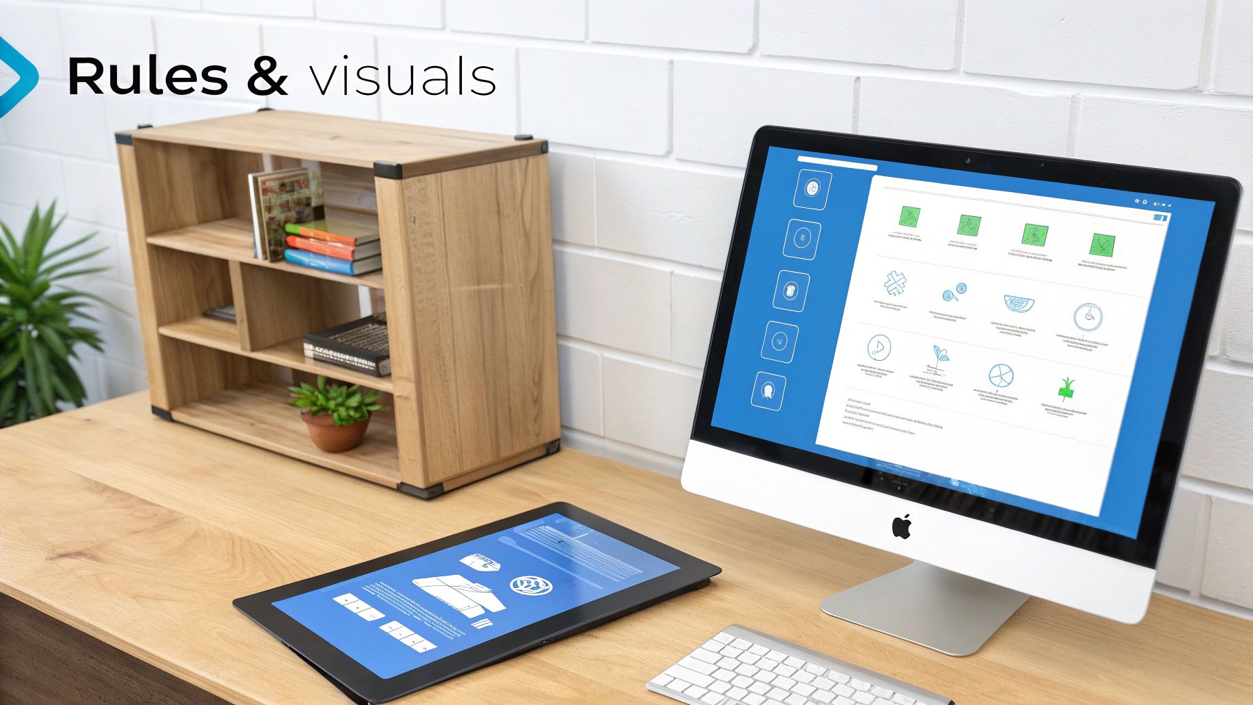 A modern office desk with an iMac and tablet displaying design visuals, a wooden shelf, and a plant.