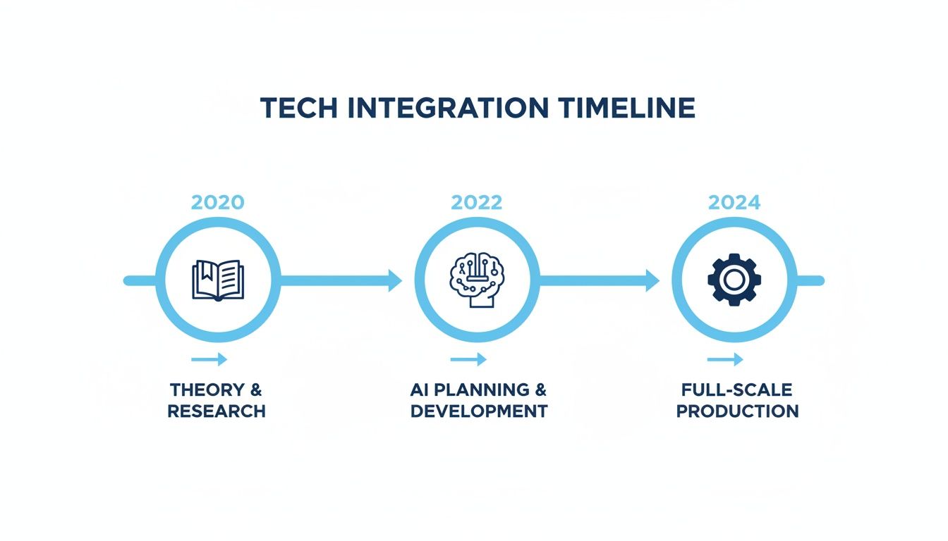 A tech integration timeline illustrating three stages: 2020 for theory and research, 2022 for AI planning and development, and 2024 for full-scale production.