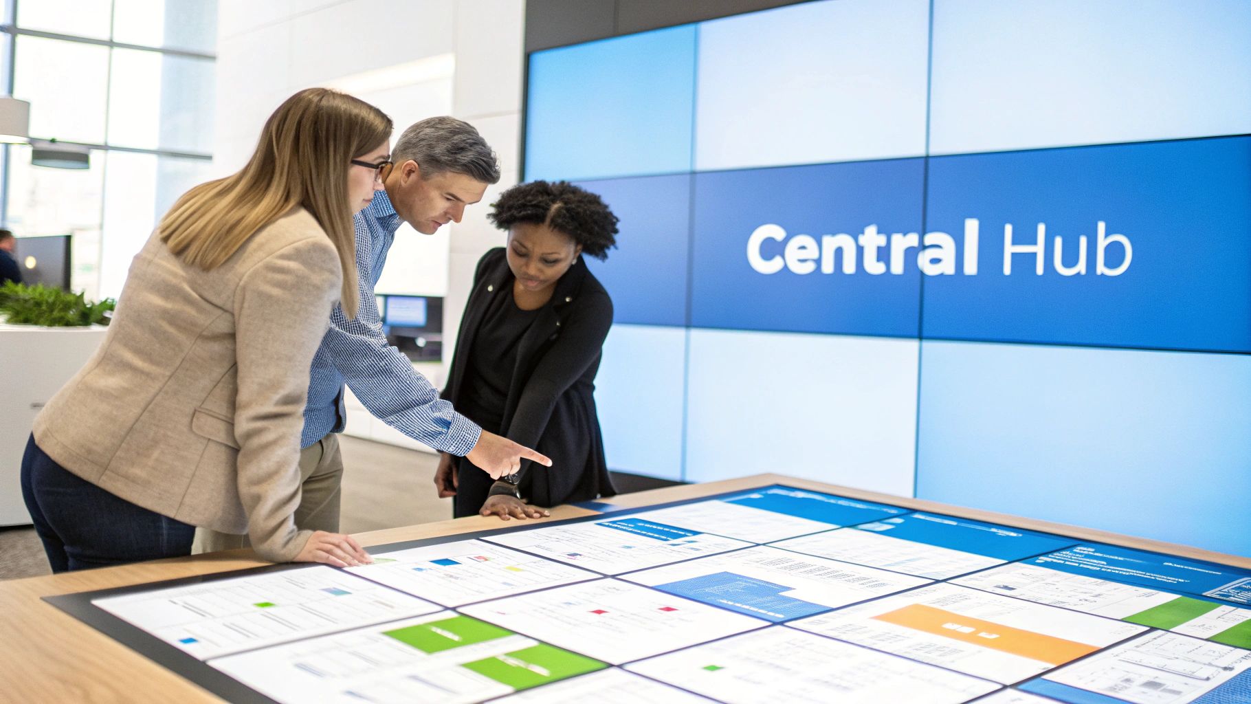 Three business professionals collaborating over colorful documents and charts at Central Hub workspace table