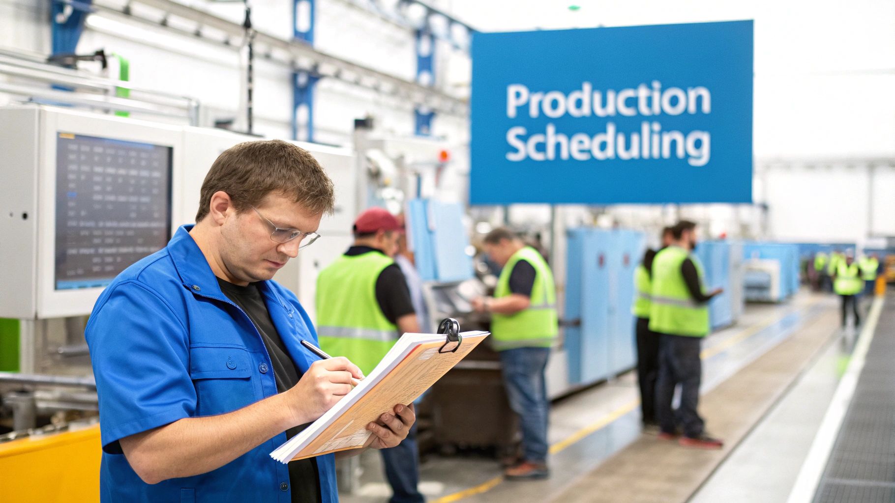 A man in a blue uniform writes on a clipboard in a factory, with a 'Production Scheduling' sign in the background.