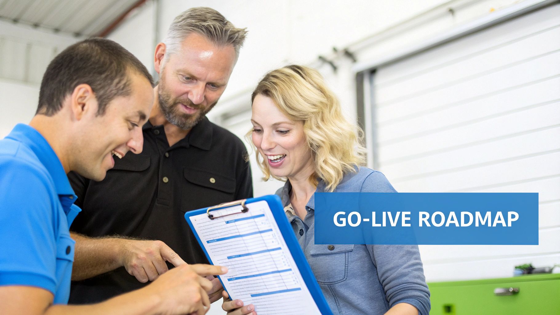 Three smiling colleagues review a 'GO-LIVE ROADMAP' checklist on a clipboard, collaborating in a work environment.