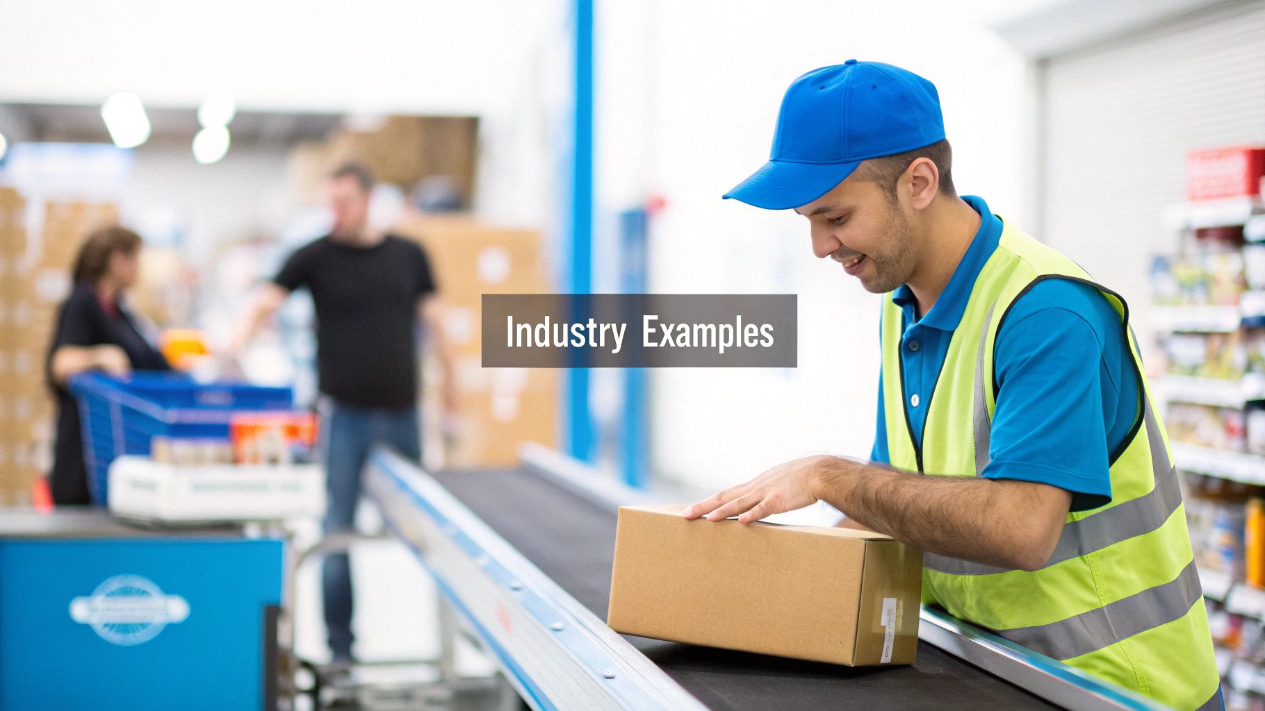 A person in a warehouse using a barcode scanner to scan boxes on a shelf.