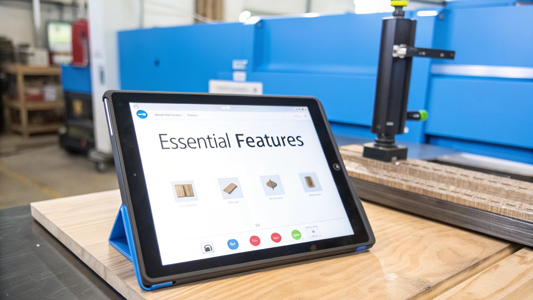 A tablet displaying 'Essential Features' of industrial software in a manufacturing workshop.