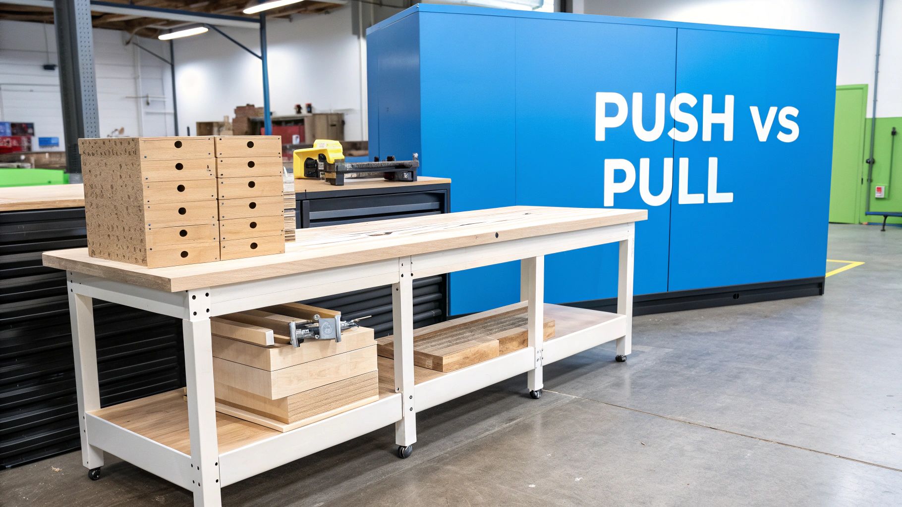 Workshop demonstration setup comparing push versus pull manufacturing systems with wooden boxes and blue display
