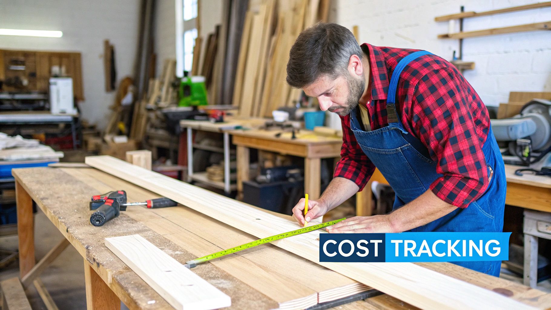 A workshop setting with blueprints, wood, and tools, representing the elements of a custom job.