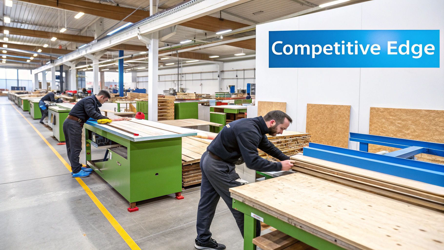 Workers on a factory shop floor are processing wooden planks at green workbenches.