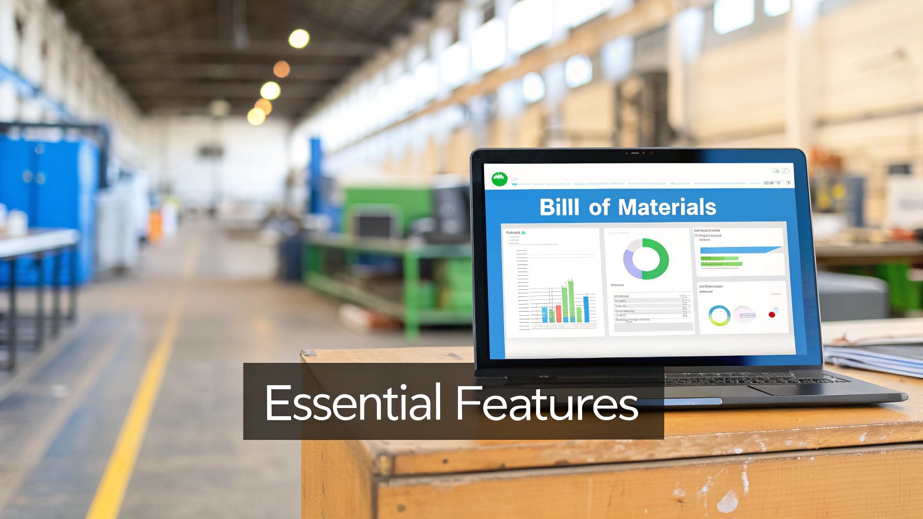 Laptop displaying a Bill of Materials software dashboard with charts in a manufacturing plant, highlighting essential features.
