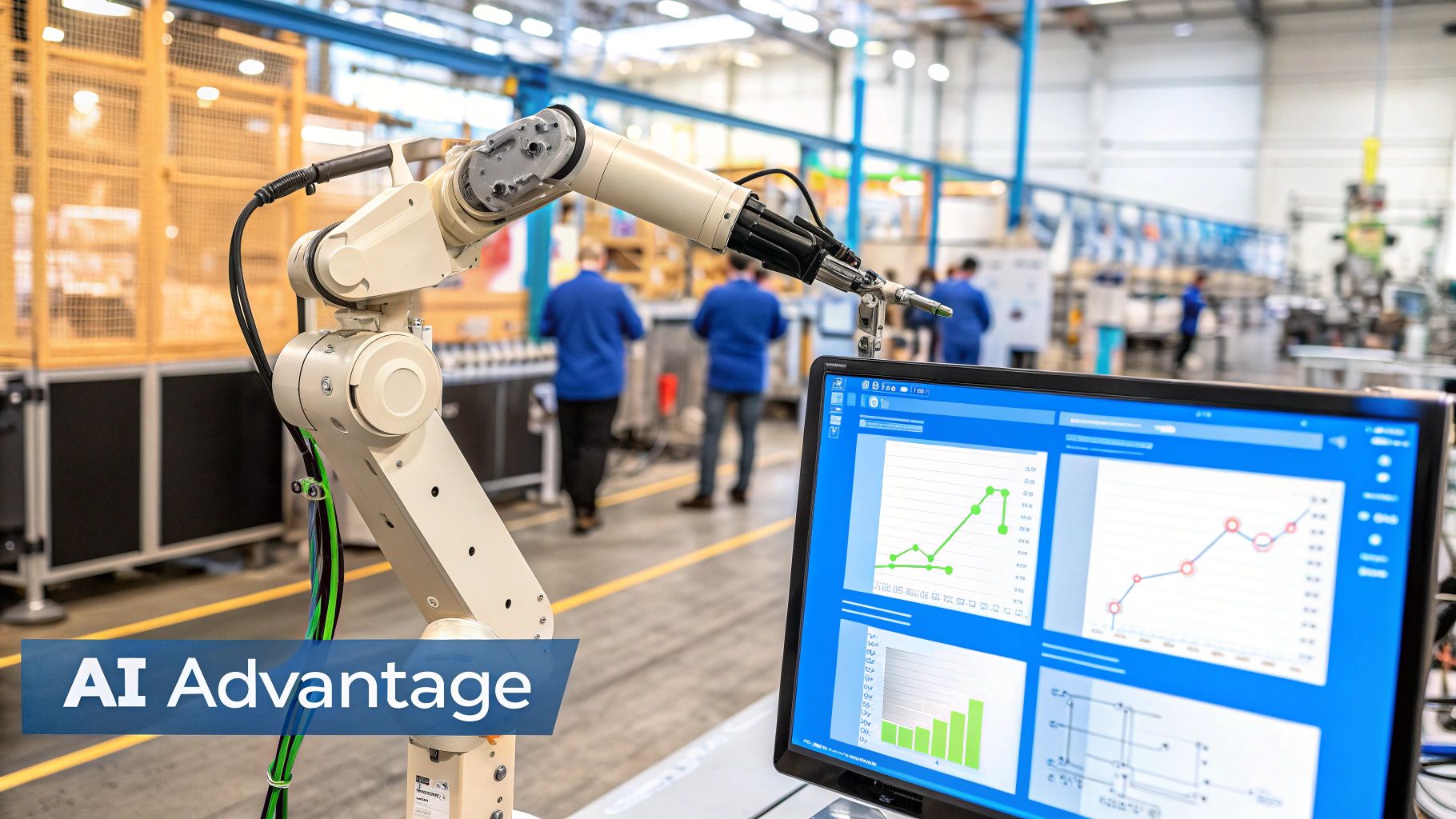 Robotic arm and computer monitor displaying data in a modern manufacturing factory.