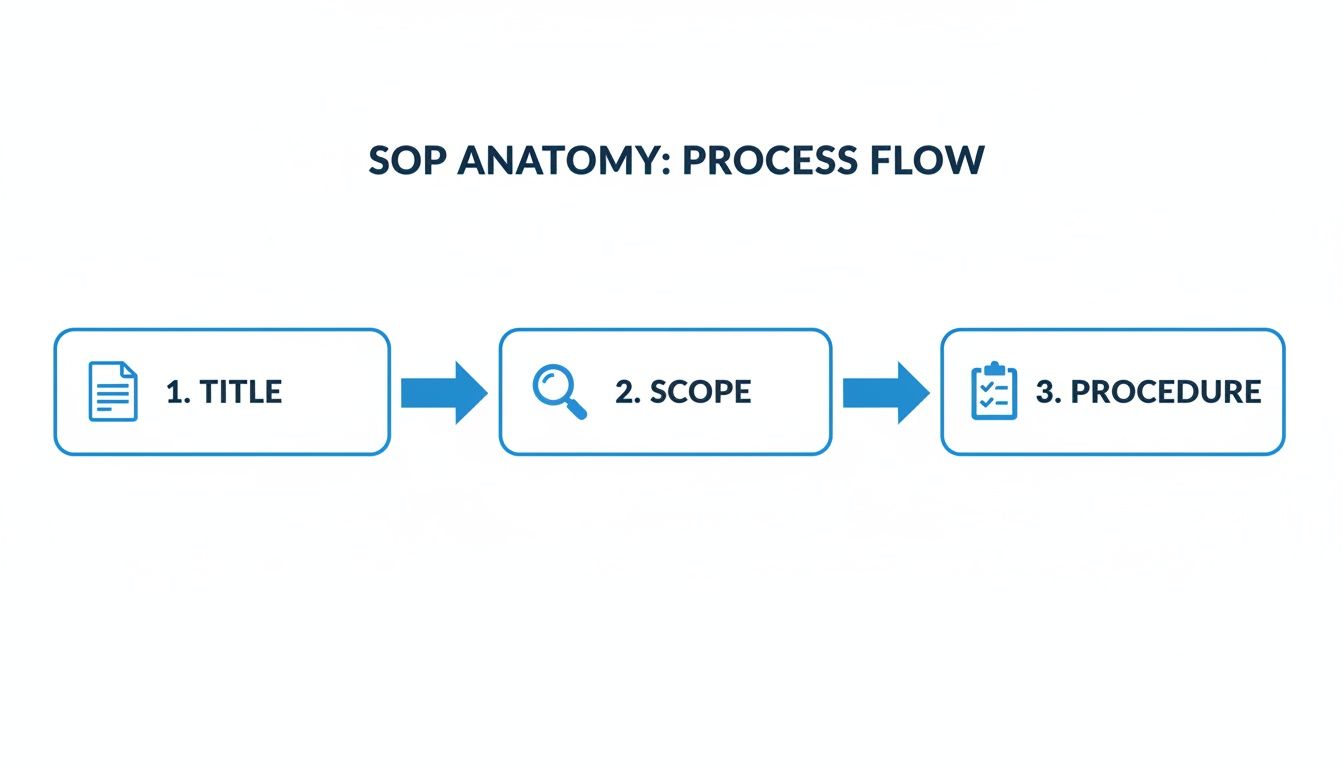 Process flow diagram illustrating SOP anatomy: Title, Scope, and Procedure, connected by arrows.