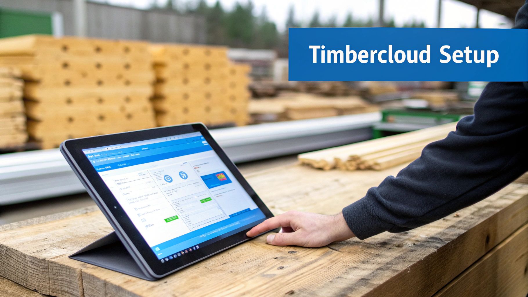 A person uses a tablet displaying 'Timbercloud Setup' software in a lumber processing facility.