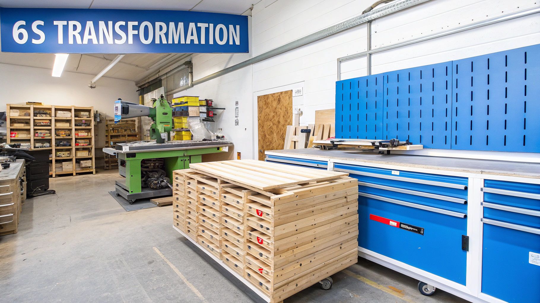 A well-organized lean manufacturing workshop featuring a "6S TRANSFORMATION" sign, machinery, and storage.
