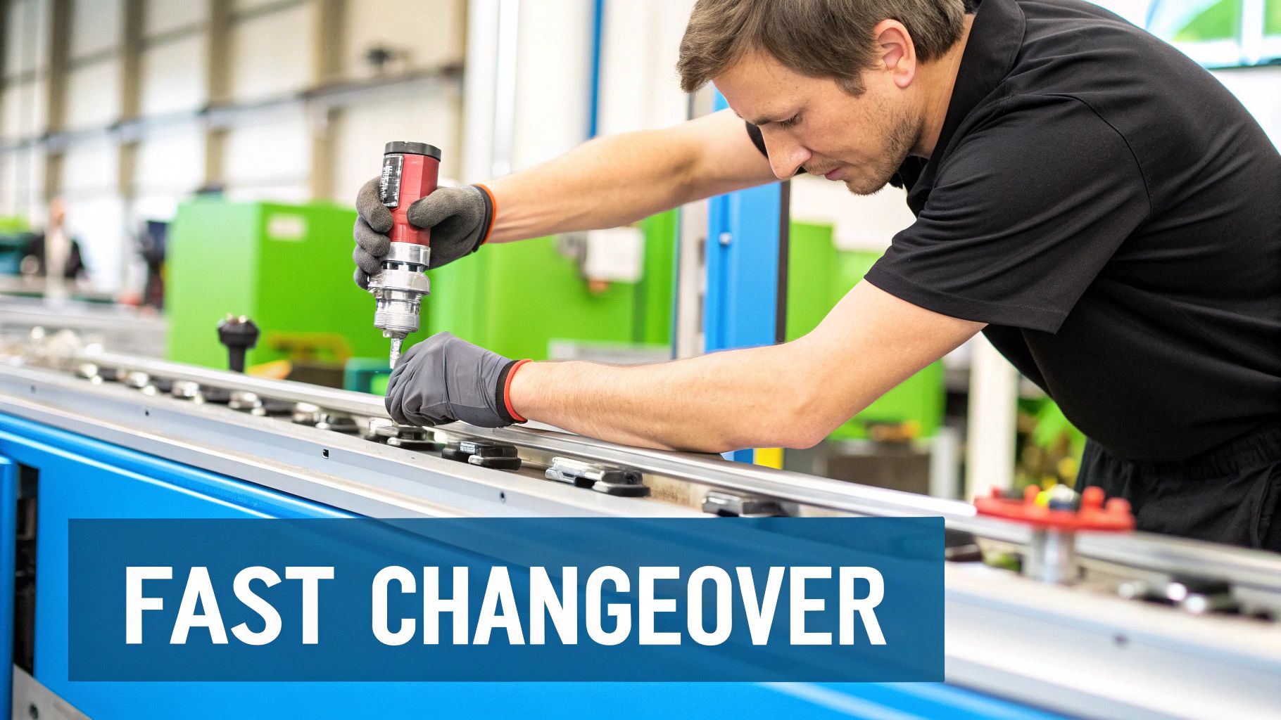 A man in gloves uses a tool to adjust machinery on a production line, emphasizing fast changeover.