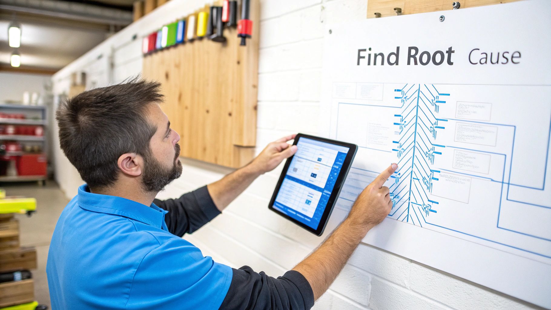 A man in a blue shirt uses a tablet while analyzing a 'Find Root Cause' diagram on a wall.